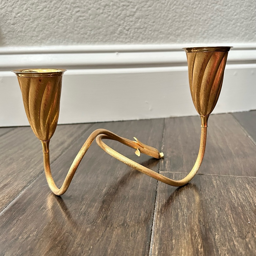 Vtg Napier Candle Stick Holder Double Branch Gold Tone Floral Textured MetalREAD